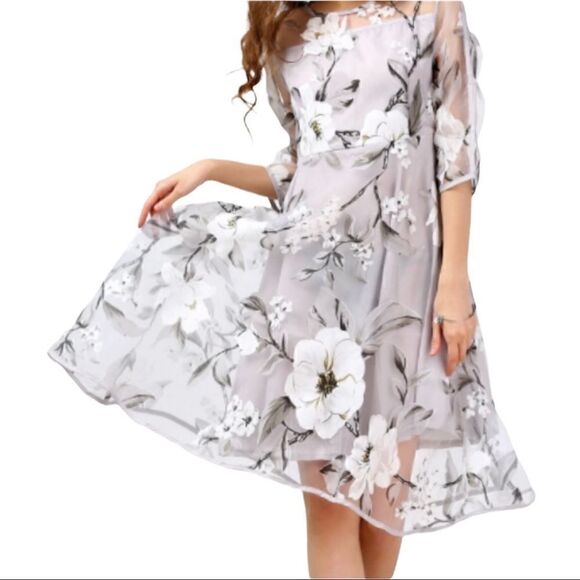 Gray Floral Organza A-Line Dress Size XL - Picture 1 of 11
